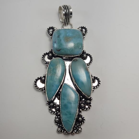 Grand Larimar Quartet Silver Pendant (2.5") with 18" Necklace - Picture 10 of 12